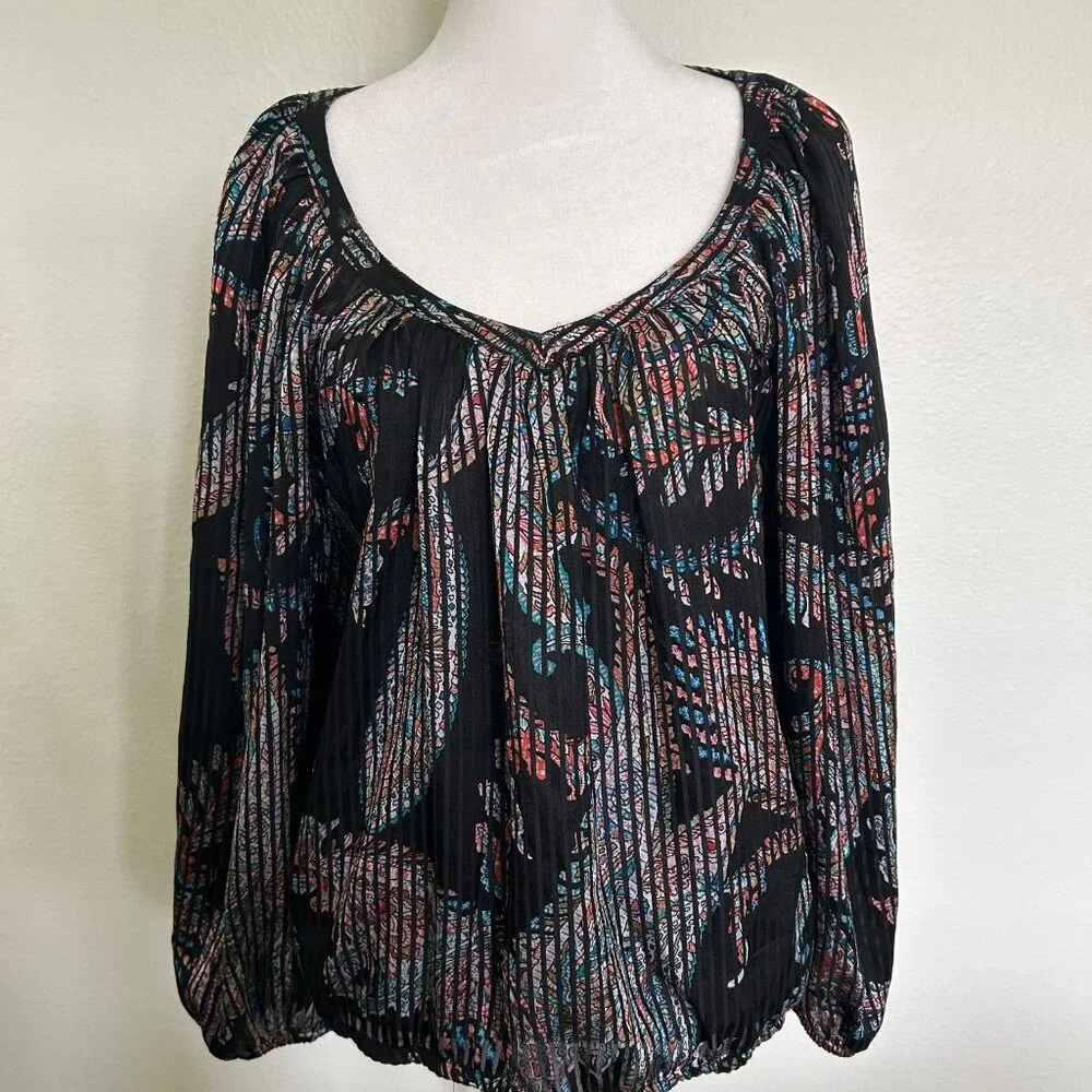 Maeve Anthropologie Top Boho Peasant Blouse Black Abstract SZXS Casual Relaxed